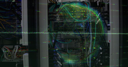 Displaying server racks projecting hologram network sphere in server room showing Ethernet cables....
