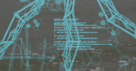 Turquoise wireframe legs emerging in water, with code text, hexagon diagrams, waveform graph. Futuristic, technology, digital art, abstract, science, innovation, visualizationの写真素材