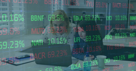 Mother and daughter analyzing stock trends on laptop in home office, with floating overlay and mug. Family, technology, education, modern, collaboration, financial, productivityの写真素材