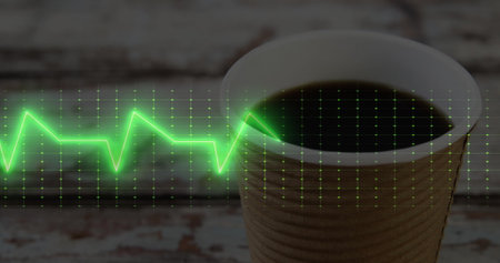 Corrugated coffee cup sitting on distressed wood tabletop, with neon green ECG grid, copy space. Casual, industrial, minimalism, eco-friendly, commercial, modern, healthの写真素材