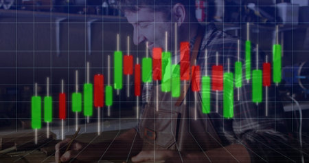 Sketching craftsman in leather apron at workshop bench, with pencil and candlestick chart overlay. Artisan, woodworking, technical drawing, industrial, creative process, manufacturing, craftsmanshipの写真素材