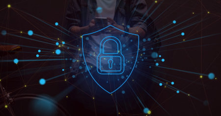 Man holding smartphone behind network overlay in room, padlock shield glowing and handlebar visible....