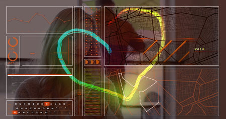 Analyzing technician wearing brown sweater examining translucent panels in tech lab, copy space. Futuristic, digital, interface, technology, innovation, analytics, cybersecurityの写真素材