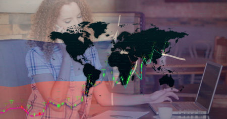 Woman wearing plaid shirt making smartphone call, typing laptop in cafe with notepad pen coffee cup. Businesswoman, remote work, digital connectivity, financial analysis, modern workspace, professional lifestyle, global commerceの写真素材