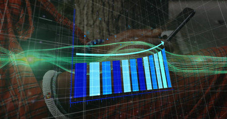 Analyzing smartphone data in office, showing holographic bar chart and green data-stream visuals....