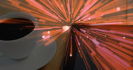 Displaying white ceramic coffee cup resting on wood table, with red-orange light trails, copy space. Minimalist, vibrant, abstract, energetic, cozy, modern, artisticの写真素材