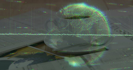 Resting white coffee cup on saucer amid data charts on wooden desk, with globe-waveform overlay....