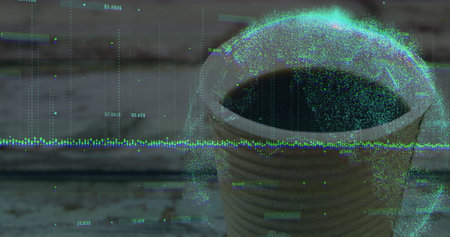Displaying ceramic coffee cup featuring floating data sphere on rustic wooden tabletop, copy space....