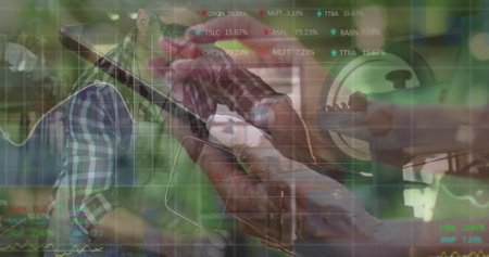 Senior craftsman wearing goggles examining rifle scope at workbench, with stock charts overlay....