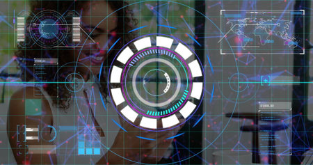 Smiling woman wearing white blouse and pants tapping smartphone at office, with digital interface. Technology, data visualization, digital interface, business professional, modern workspace, analytics, infographicの写真素材