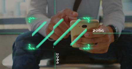 Businessman sitting on bench in lobby holding smartphone over shoulder bag with digital overlay....