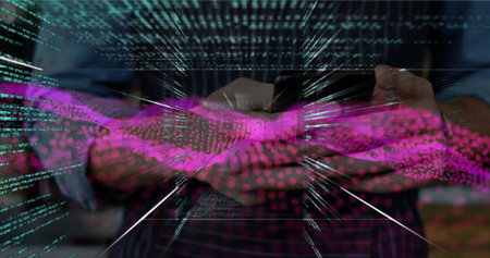 Adult man in striped shirt holding tablet and navigating code streams at office, with magenta waves. Technology, data, digital, futurism, innovation, screens, informationの写真素材