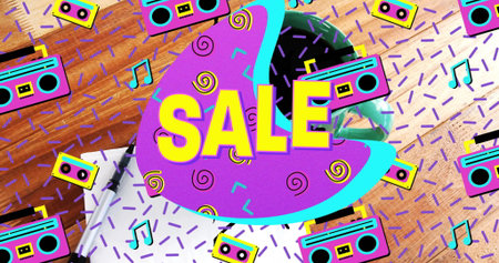 Displaying purple abstract splash shape featuring bold yellow SALE text at desk with boombox icons. Retrofuturism, vibrant, illustration, advertising, workspace, energetic, playfulの写真素材
