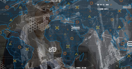 Businesswoman operating digital dashboard in high-tech room, with world map grid and data markers....