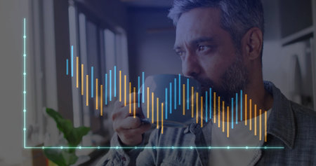 Holding ceramic mug, flannel-clad man seeing windows in office, with data chart overlay, copy space....