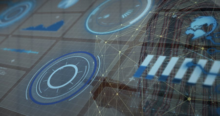 Displaying circular holographic interface floating above grid with HUD charts and globe, copy space....