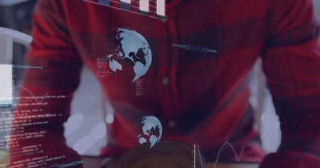 Programmer in red plaid shirt analyzing holographic overlays in office, with laptop and coffee mug. Technology, data, analytics, futuristic, digital, workspace, innovationの写真素材