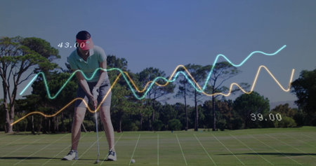 Standing woman golfer wearing red visor positioning ball for putt on putting green, chart overlay. Athletic, strategic, professional, modern, leisure, outdoor, vibrantの写真素材