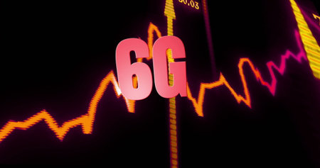Floating 3D pink 6G hovering on dark screen, with orange magenta graph, yellow arrows, data labels....