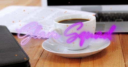 Showing white ceramic coffee cup resting on home office desk, with laptop, notebook and neon script. Minimalist, professional, modern, workspace, productivity, cozy, vibrantの写真素材