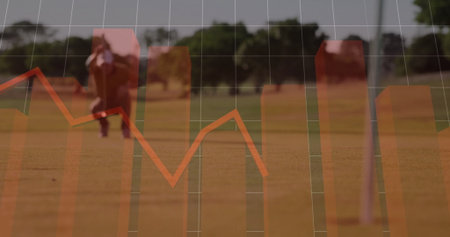 Swinging golfer hitting golf ball from tee with club on fairway, orange chart graphics and grid. Athletic, innovation, precision, outdoor, progress, professional, dynamicの写真素材