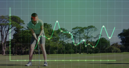 Lining up shot golfer on putting green, with club, ball, flag, analytics overlay, copy space. Sports, leisure, outdoor, professional, technical, strategic, athleticの写真素材