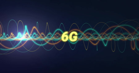 Featuring yellow 6G text floating on digital gradient backdrop, with colorful waveform lines. Futuristic, digital, vibrant, abstract, technology, innovation, communicationの写真素材