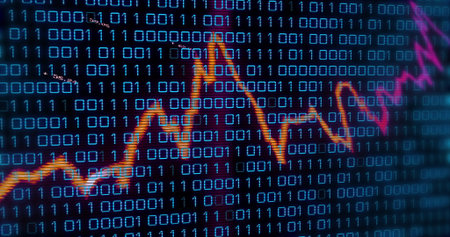 Displaying orange zigzag chart traversing binary digits on screen with grid lines and percentages....