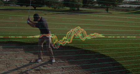 Golfer in polo shirt swinging club in bunker at golf course, overlaying grid data, copy space. Athletic, precision, analytics, sport, outdoor, technology, leisureの写真素材