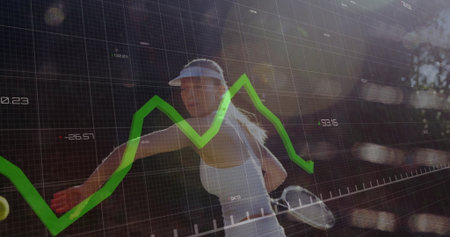Swinging visored player hitting forehand on tennis court, racket, ball, grid chart overlay. Athlete,...