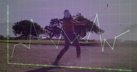 Swinging golfer hitting ball from sand bunker on golf course, with translucent green chart overlay. Athletic, performance, strategy, data visualization, outdoor, leisure, successの写真素材