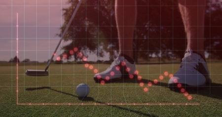 Golfer aligning putter on putting green, tracking golf ball via red graph and grid overlay. Sports, outdoor, precision, analysis, branding, minimalistic, recreationの写真素材