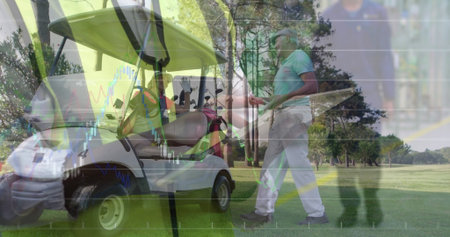 Gesturing senior male golfer pointing at passenger on fairway, with cart and candlestick overlay. Sports, leisure, outdoor, elegance, growth, investment, successの写真素材