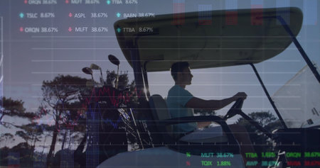 Driving adult man steering golf cart on fairway, with golf bag and stock market data overlay. Professional, corporate, digital, finance, leisure, outdoor, analyticalの写真素材