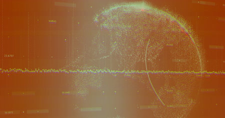 Digital globe hovering on data dashboard with dotted line, multicolored points and numeric labels....