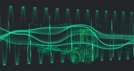 Floating wireframe semi-truck trailer within dark 3D grid space, with waveforms and vertical spikes....