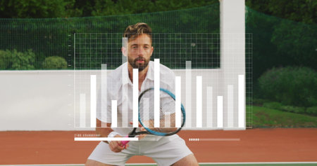 Crouching male athlete gripping racket by tennis net on clay tennis court, with bar chart overlay. Athletic, competition, fitness, activewear, outdoor, motivation, performanceの写真素材