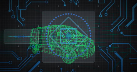 3D green wireframe car model hovering in virtual dashboard interface, with UI panels, circuit lines....