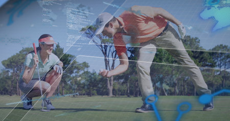 Kneeling and crouching couple in golf attire examining putt line on golf green, digital overlays. Sports, leisure, recreation, outdoor, elegance, precision, teamworkの写真素材