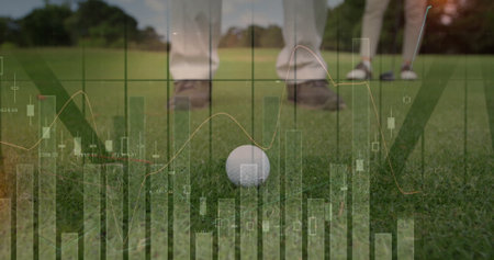 Superimposing financial charts over golf ball with clubs on putting green, blending game data. Analytics, leisure, refinement, digital, outdoor, collaboration, precisionの写真素材