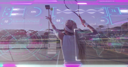 Serving tennis player tossing ball on outdoor court swinging racket wearing visor with HUD graphics....