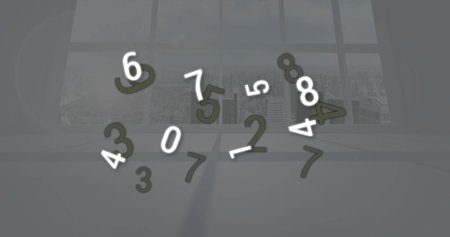 Floating numeral characters covering gray room floor, with grid window panes and city skyline. Minimalist, modern, urban, abstract, geometric, contemporary, cleanの写真素材