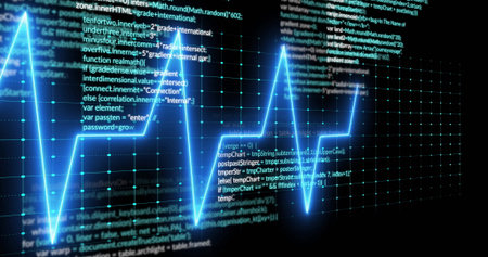 Pulsating bright cyan ECG waveform sweeping across virtual display, amid code snippets. Futuristic,...