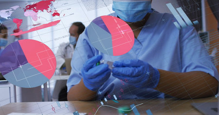 Holding vial, medical worker in scrubs preparing syringe injection at lab desk, with digital charts....