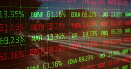 Displaying stock ticker panel reflecting urban sidewalk scene, with transparent LED and crosswalk....