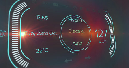Projecting hybrid HUD onto windshield with 127km or h clock or date or 22Â°C, mode gauge bars, lens flare. Futuristic, digital, interface, automotive, dashboard, neon, technologyの写真素材