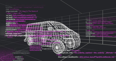 Displaying wireframe van model rotating on dark workspace, with code lines and perspective grid. 3d,...