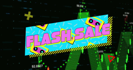 Sporting cyan oblique FLASH SALE banner in hot pink on data dashboard, showing yellow cassettes. Vintage, urban, energetic, colorful, dynamic, neon, commercialの写真素材