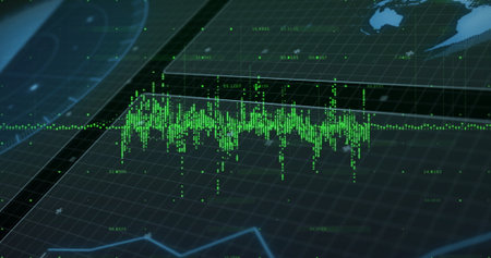 Displaying green waveform pulsing on display, with gridlines, labels, trend line and world map HUD. Analytics, technology, futuristic, digital, dashboard, interface, innovationの写真素材