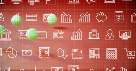Displaying repeating financial icons in red grid backdrop, with white line icons and green spheres. Financial symbols, digital design, enterprise, marketing, data visualization, corporate, technologyの写真素材